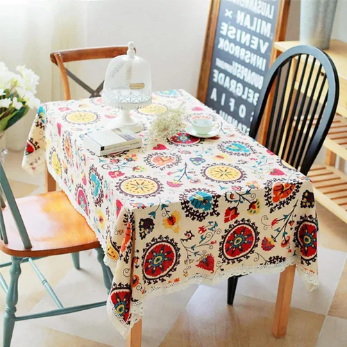 Miniatura 20 de LeLehome Elome - Mantel cuadrado de estilo bohemio vintage de 36 pulgadas, con encaje de lino y algodón, lavable, para cena y pícnic, cubierta