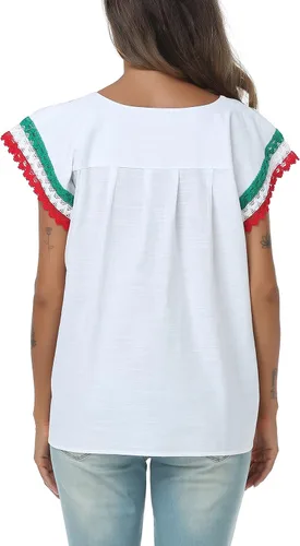 Miniatura 7 de YZXDORWJ Blusa tradicional colorida con encaje bordado mexicano para mujer, camiseta tricolor para el día de la independencia mexicana