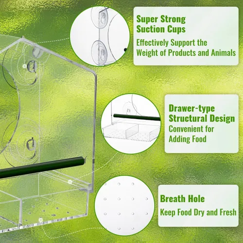 Miniatura 2 de Comedero para pájaros con ventana – 4 ventosas fuertes de 2.36 pulgadas – Casa de pájaros de acrílico transparente para exteriores, bandeja Azul
