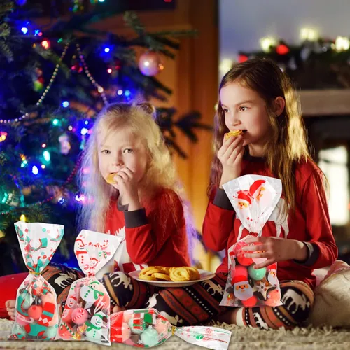 Miniatura 6 de KIMOBER 144 bolsas de dulces de celofán de Navidad, bolsas de golosinas de celofán con lazos giratorios para suministros de fiesta de Navidad