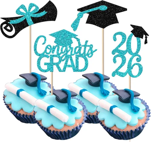 Miniatura 23 de Rsstarxi Paquete de 24 adornos para cupcakes de graduación 2026, con purpurina azul, para la clase de 2026, para diplomas, 24 piezas (6 diseños)