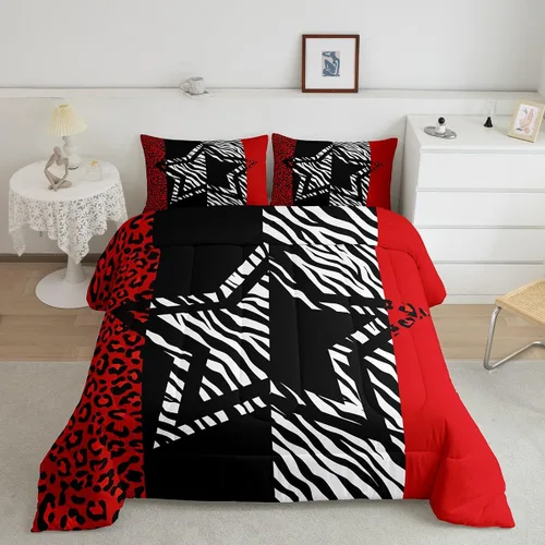 Miniatura 42 de Juego de edredón Manfei Leopardo Rosa Tamaño Individual, Juego de ropa de cama con estampado de cebra negro y blanco 2 piezas para decoración