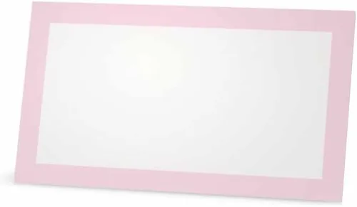 Tarjetas de lugar color rosa bebé, estilo plano o tienda de campaña, paquete de 10 o 50 unidades, color blanco en blanco, frontera de color sólido,