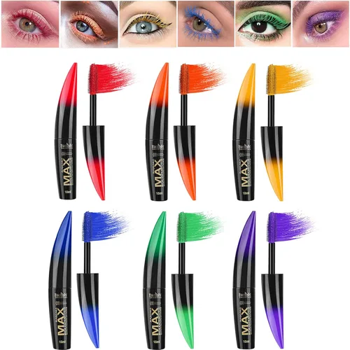 Juego de rímel de colores, 6 colores impermeables, juego de regalo – rojo, rosa, morado, azul, blanco, negro – Máscara de pestañas voluminosa de