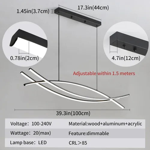Miniatura 3 de Lámpara colgante, lámpara colgante lineal LED regulable, lámpara colgante fija, lámpara de araña LED moderna curvada, lámparas de araña para comedor