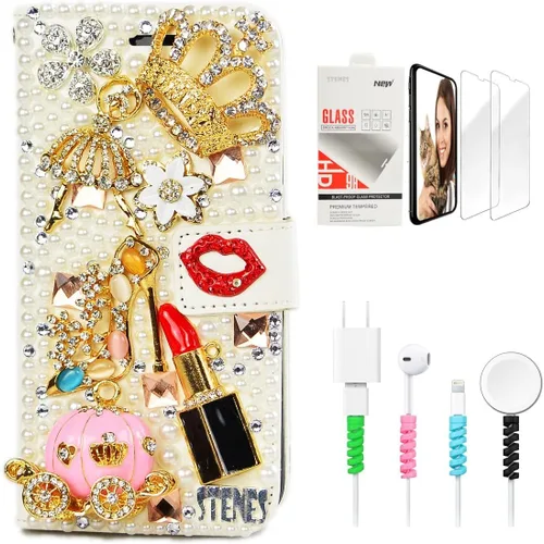 Bling - Funda tipo cartera compatible con Samsung Galaxy Z Fold 6, elegante diseño 3D hecho a mano con corona de ballet para niña, lápiz labial,