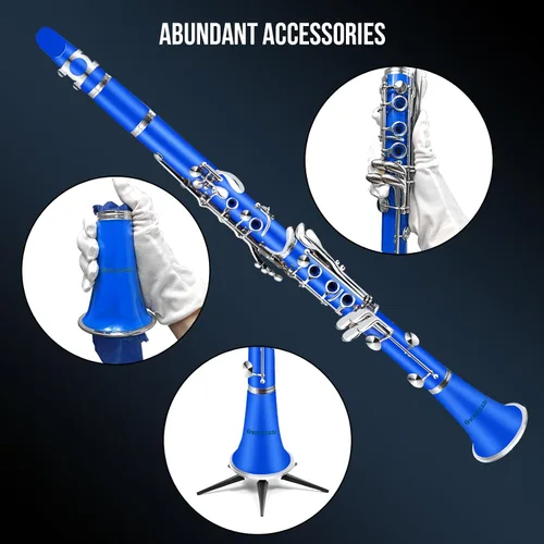 Miniatura 8 de Soulmate Bb Flat - Clarinete para estudiantes principiantes con 17 teclas de níquel con 2 barriles y kit de limpieza para clarinete, color azul