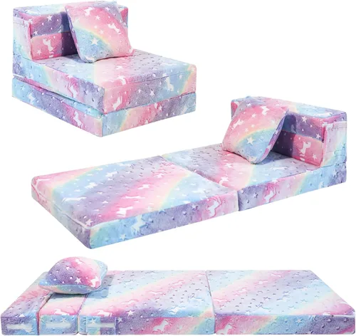Miniatura 15 de MeMoreCool Silla Cama Futón Plegable para Niños, Sofá Cama Tri-plegable Brillante Convertible Colchón Sofá para Niños Pequeños, Sofá de Espuma