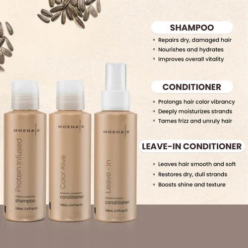 Miniatura 3 de MOEHAIR Juego de trío de viaje: champú con infusión de proteínas, acondicionador Color Alive y acondicionador sin enjuague, fortalecimiento e