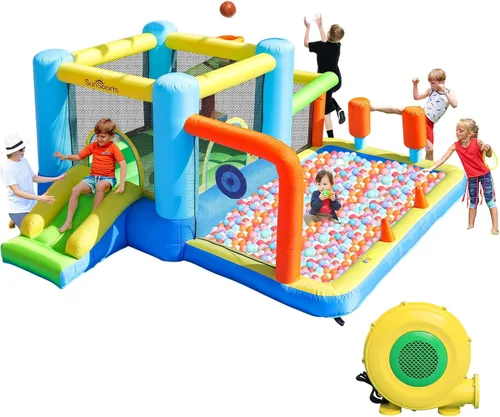 Miniatura 8 de Casa inflable de rebote de tobogán acuático para niños, casa inflable para patio trasero con tobogán acuático para regalo (ventilador incluido)