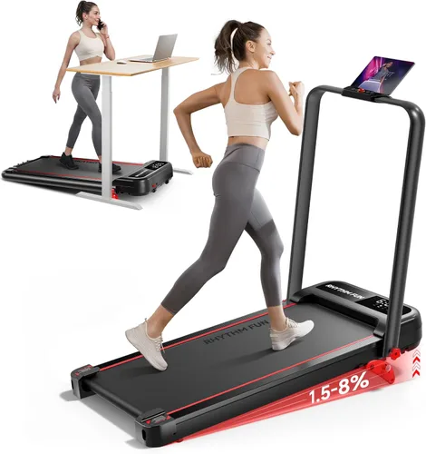 Miniatura 9 de RHYTHM FUN Cinta de correr con inclinación, almohadilla para caminar con barra de mango, almohadilla para caminar de 300 libras con aplicación