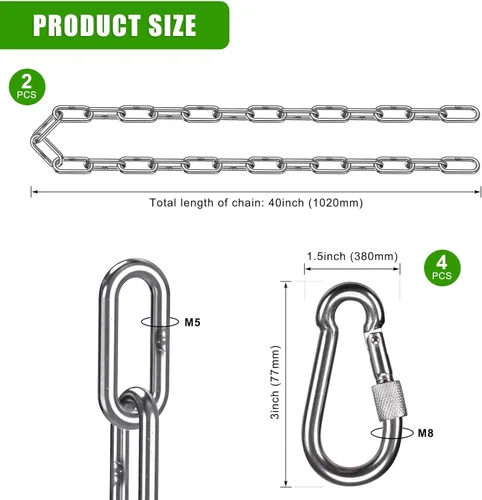 Miniatura 6 de 2 cadenas colgantes de acero inoxidable de 40 pulgadas (3.3 pies) con 4 mosquetones, cadena de extensión de cadena oscilante de 1000 libras con 2pcs