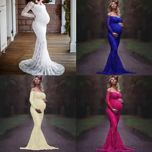 Miniatura 5 de Vestido de maternidad de encaje de manga larga con cuello en V y hombros descubiertos para mujer, vestido de fotografía para baby shower, sesión