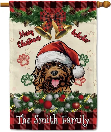 Miniatura 13 de Bandera de jardín de Navidad de 12.5 x 18 pulgadas, anillo de bola de Navidad para perro chihuahua, campana, corona, bandera de búfalo rojo, a
