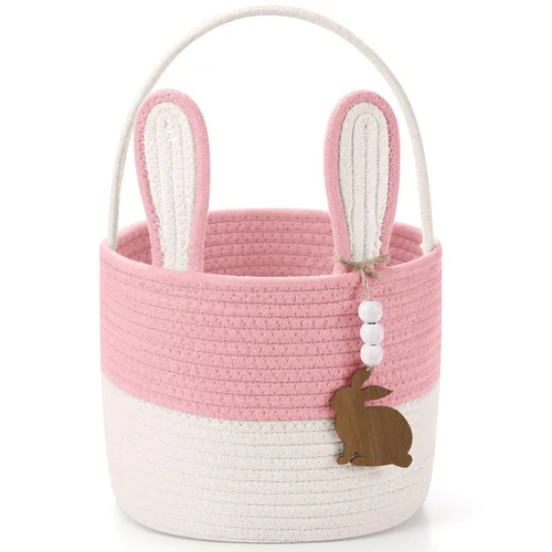 Miniatura 8 de SiliFine Cesta de Pascua para niños, cesta de conejo de Pascua con etiqueta de nombre, oreja de conejo desmontable, regalo tejido rústico para niñas