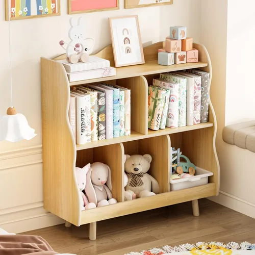 Estantería para niños y organizador de juguetes Treocho, estantería de madera para niños de 3 niveles con diseño curvo, 5 compartimentos de