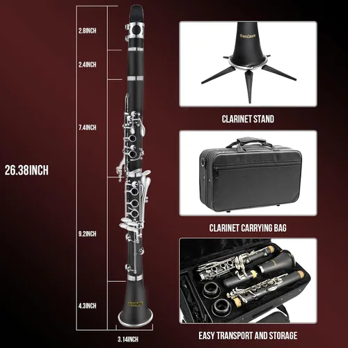 Miniatura 6 de Soulmate Clarinete para principiantes, estudiantes, adultos, juego de clarinete de 17 teclas con estuche rígido de 2 barriles, 10 cañas y kit