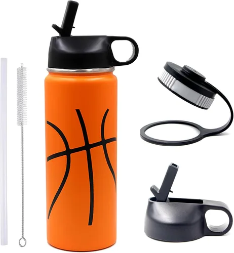 Miniatura 10 de Botella de agua de baloncesto de 12 onzas, botella de agua deportiva aislada al vacío de acero inoxidable con popote y 2 tapas, botella de agua