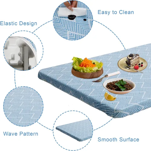 Miniatura 5 de Zhenrui Mantel rectangular elástico ajustable de 6 pies, cubierta de vinilo impermeable a prueba de derrames, diseño de ondas azules impresas