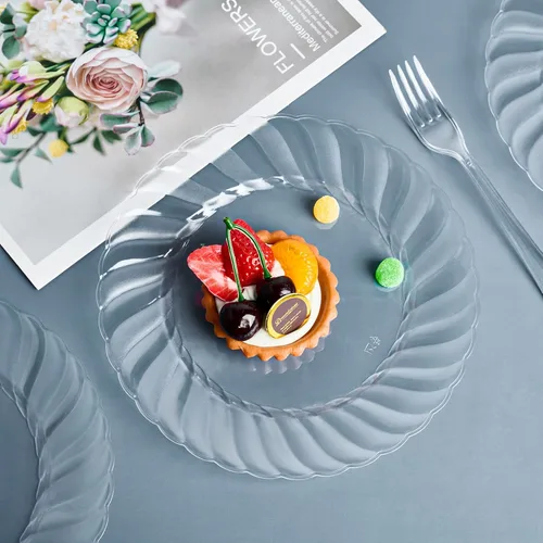 Miniatura 4 de FOCUSLINE 100 unidades de platos de plástico transparente de 9 pulgadas, platos de cena desechables resistentes - Platos de plástico duro