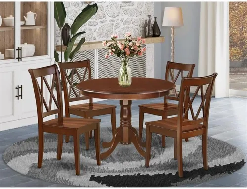 Miniatura 2 de East West Furniture HLCL5-MAH-W - Juego de mesa de cocina de 5 piezas para 4 personas, incluye una mesa de comedor redonda con pedestal y 4 sillas