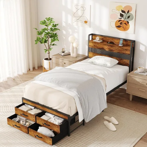 Zevemomo Base de cama individual con cajones de almacenamiento, marco de cama de metal individual con luz LED y estación de carga, listones de metal