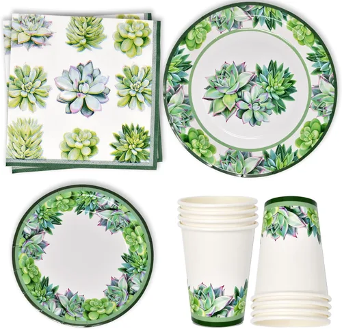 Gift Boutique Juego de 96 piezas de suministros para fiestas suculentas: platos de papel, tazas y servilletas para tema de cactus y vegetación,