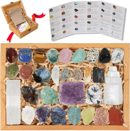 Miniatura 9 de 21 cristales y piedras para principiantes, 7 cristales curativos crudos y 7 piedras de chacra, cuarzo rosa grande, chips de cristales, etc. con guía