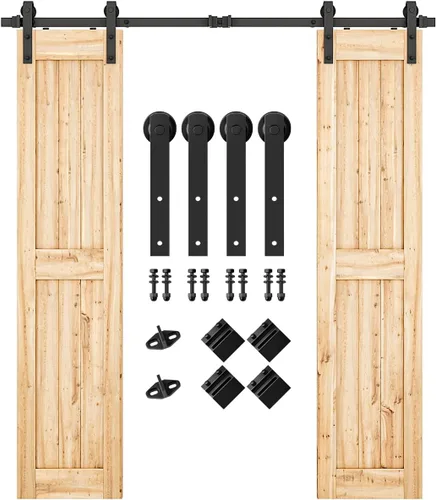 Miniatura 15 de SMARTSTANDARD Kit de herrajes para puerta corrediza de granero de doble puerta resistente de 5 pies, suave y silencioso, fácil de instalar, incluye