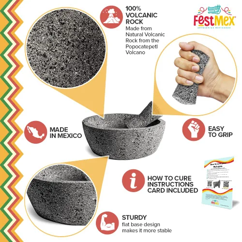 Miniatura 3 de Juego Auténtico de Mortero y Pilón Mexicano Hecho a Mano de 8 Pulgadas con Base Plana, Molcajete Mexicano — Utensilio de Cocina Mexicano Perfecto