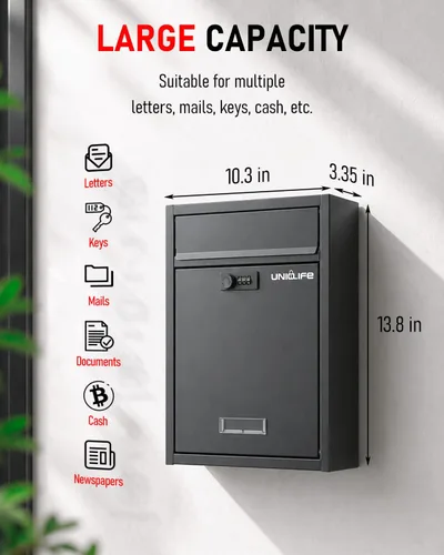 Miniatura 3 de Uniclife Buzón de Montaje en Pared para Exterior, Buzón Grande con Cerradura de Combinación, Buzón de Seguridad para Casa, Caja Segura para Depósito