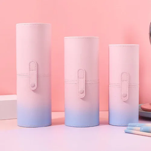 Miniatura 9 de VASANA Organizador de brochas de maquillaje de piel sintética rosa con tapa, herramientas de maquillaje portátiles, estuche organizador de gran