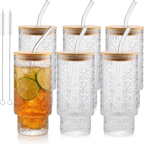 Miniatura 11 de Vasos de vidrio vintage con tapas y pajitas de bambú de 16 onzas, vaso vintage en relieve floral tazas de vidrio para whisky, cerveza, tazas de café