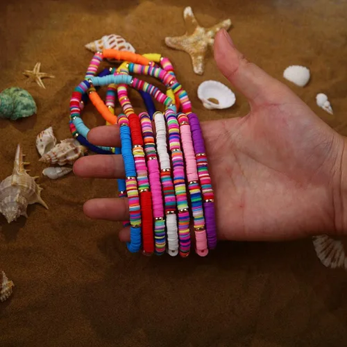 Miniatura 6 de CASDAN 14 pulseras Heishi para mujer con cuentas de disco de vinilo arco iris Srting Stack pulsera surfista cuerda elástica pulseras verano playa