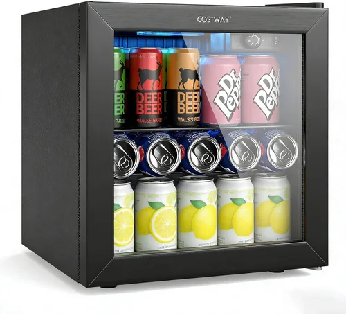 COSTWAY Refrigerador de bebidas, 1.3 pies cúbicos, 12 botellas y 55 latas, mini refrigerador con puerta de vidrio templado, estante extraíble y