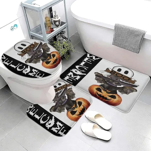 Miniatura 3 de Juego de 3 tapetes de baño de Halloween de bienvenida, diseño de fantasma, boo, gato, bruja, murciélago, calabaza, juego de alfombrillas de baño