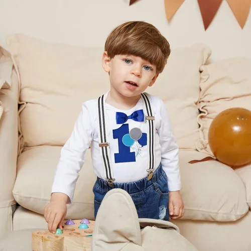 Miniatura 75 de Conjunto de ropa de cumpleaños para bebé niño pequeño, con tirantes, pantalones de mezclilla rasgados