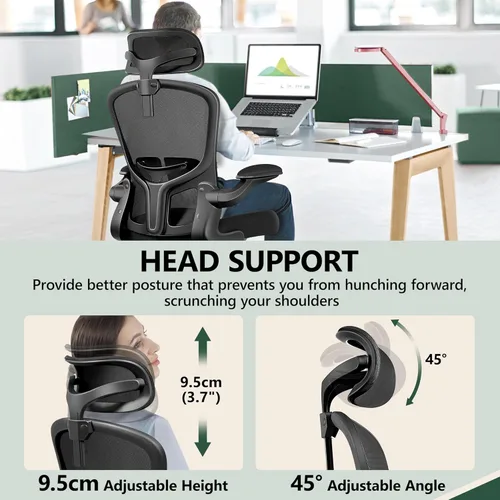 Miniatura 5 de FelixKing Silla de Oficina Ergonómica Silla de Escritorio con Reposacabezas, Silla de Escritorio de Respaldo Alto con Soporte Lumbar Ajustable y Gris