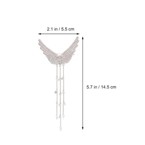Miniatura 5 de Lurrose Pinza para el cabello con borlas con tachuelas de diamantes de imitación, alfiler de ala de ángel plateado, 5.70 pulgadas, accesorio