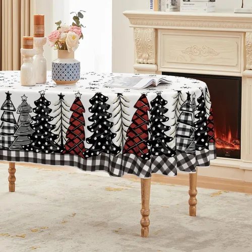 Miniatura 13 de Horaldaily Mantel de Navidad 52×70 Pulgadas, Mantel de Árboles de Navidad a Cuadros de Búfalo Rojo Lavable para Decoración de Fiesta, Picnic, Cena