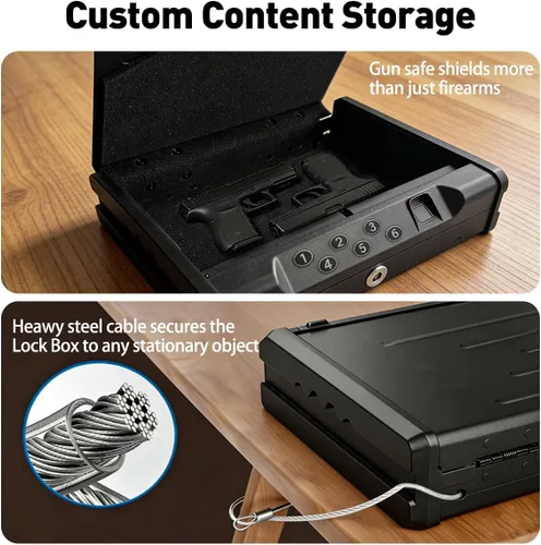 Miniatura 6 de Caja fuerte para pistolas VORanexs con tres formas de acceso: reconocimiento biométrico, llave, contraseña digital. Es una caja fuerte compacta