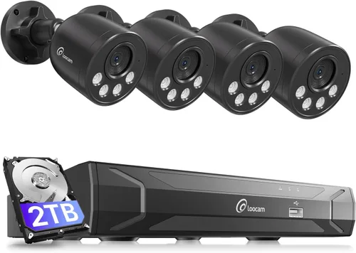 Loocam Sistema de cámara de seguridad con cable 8MP 8CH NVR 2TB HDD, 4pcs 4K PoE Sistema de cámara AI Detección de vehículos humanos, sistema de