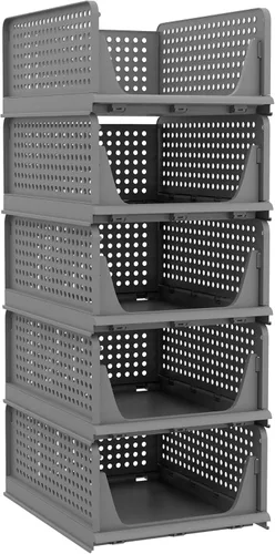 Pinkpum Paquete de 5 organizadores plegables de armario, cesta de plástico apilable para ropa, contenedor de almacenamiento de estantes para Negro