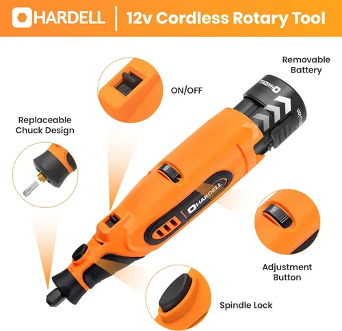 Miniatura 2 de HARDELL Kit de herramientas rotativas inalámbricas de 12 V con 43 accesorios, 6 velocidades (10000-25000 RPM), batería extraíble de 1500 mAh, largo