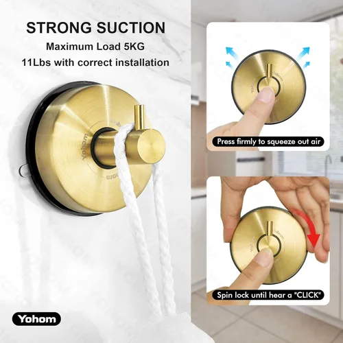 Miniatura 4 de YOHOM Ganchos de ventosa para ducha, toallero dorado de acero inoxidable al vacío para baño, gancho de ducha con succión, toallero de cocina, 4