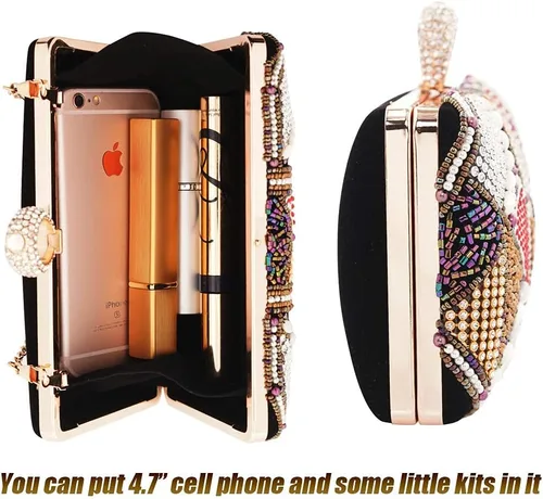 Miniatura 4 de Embragues para mujer Bolso de noche con cuentas de colores Bolso de diamantes de imitación Monederos de pelusa Bolsos de boda (negro), Negro