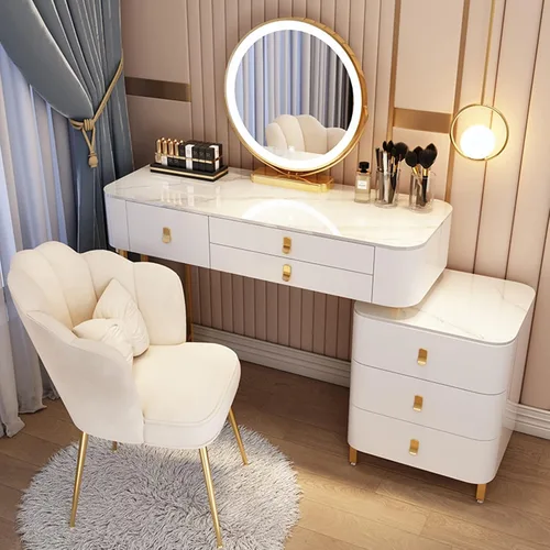 Miniatura 9 de Tocador, tocador de maquillaje con taburete acolchado, tocador con espejo iluminado LED y mesa auxiliar, mesa de maquillaje con 3 cajones