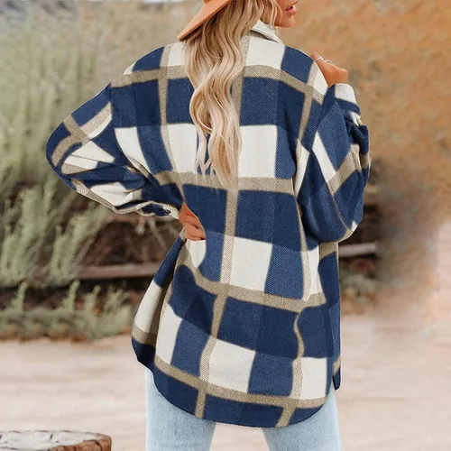 Miniatura 6 de Chaqueta de franela a cuadros para mujer, manga larga, mezcla de lana, chaquetas de otoño con botones en el pecho, bolsillos en el pecho, trajes