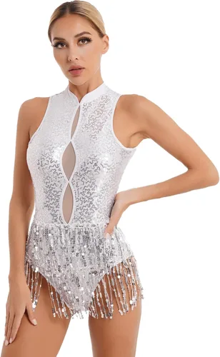 Miniatura 2 de winying Leotardo de baile de jazz latino con borlas de lentejuelas brillantes para mujer