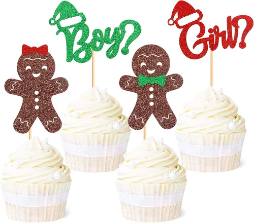 Ercadio Paquete de 24 adornos de jengibre para cupcakes de niño o niña para Navidad, adornos de jengibre de Navidad para cupcakes de niño o niña,